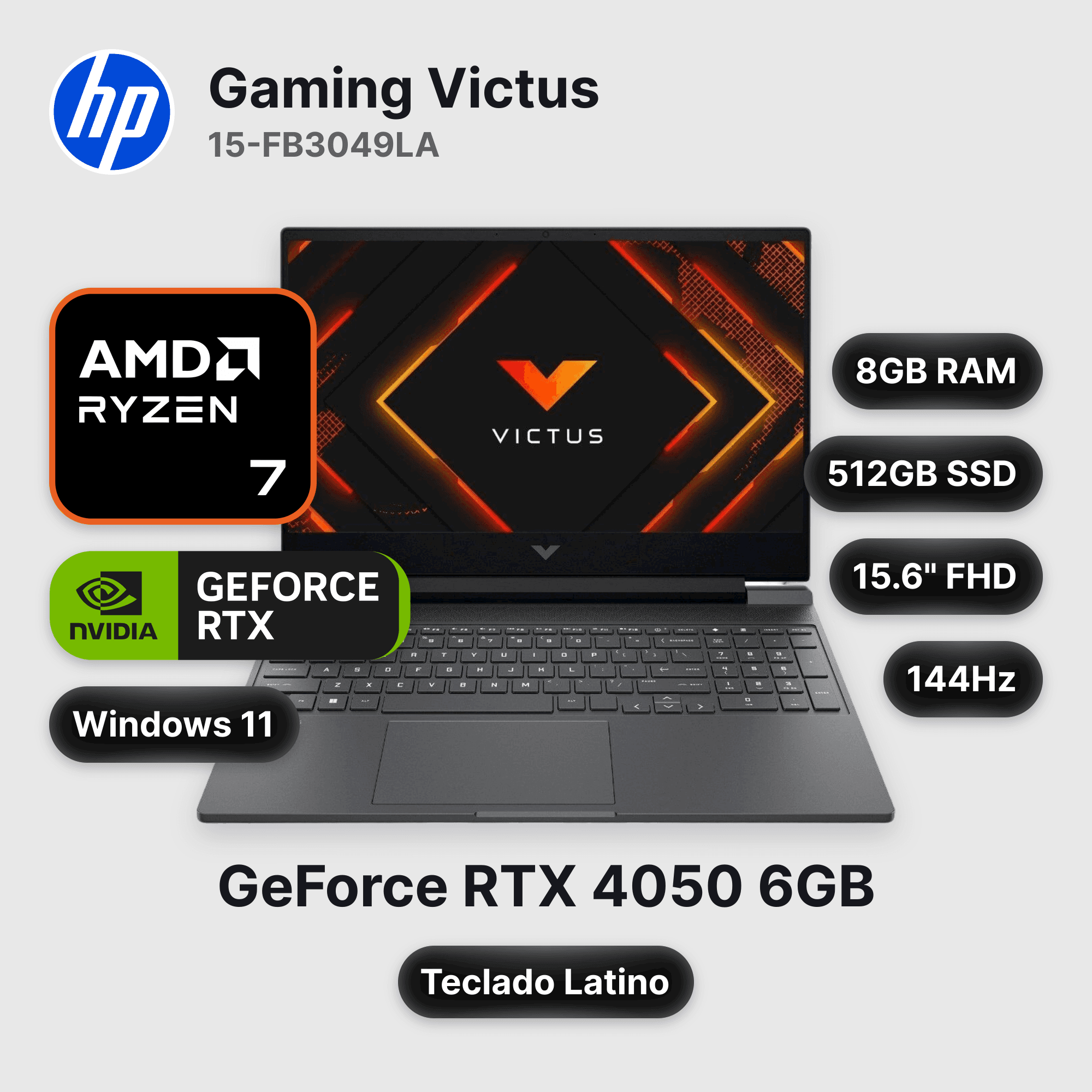 Laptop HP Gaming Victus 15-FB3049LA Ryzen 7-7445HS 8GB 512GB SSD RTX 4050 15.6" (D53P1LA#ABM)