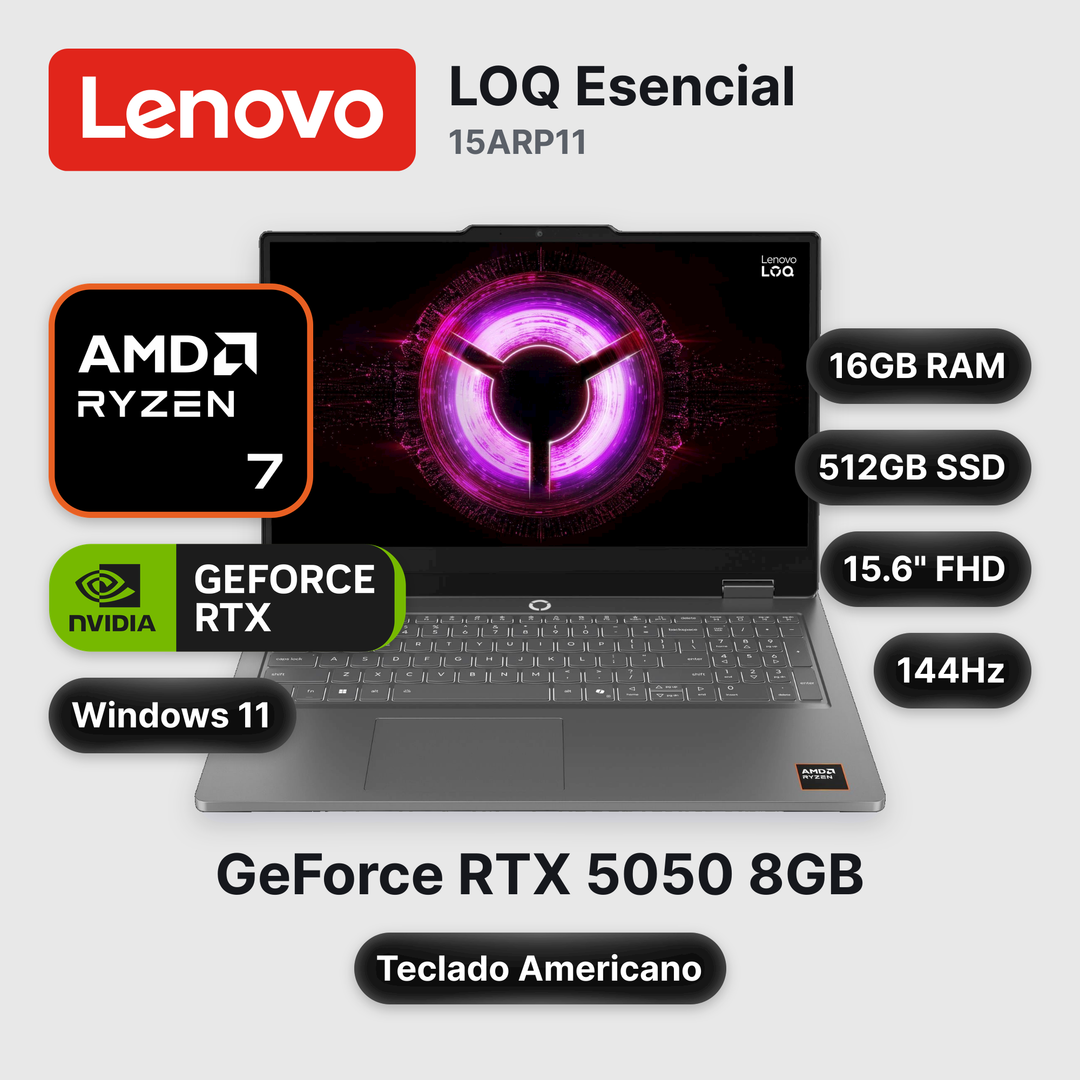 Laptop Lenovo LOQ Esencial 15ARP11 Ryzen 7-170 16GB 512GB SSD RTX 5050 15.6" (83VA001PUS)