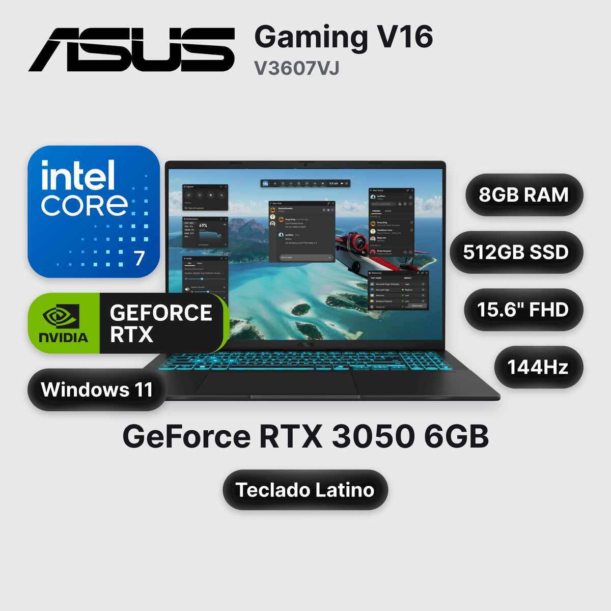 Laptop ASUS Gaming V16 V3607VJ Core 7-240H 8GB 512GB SSD RTX 3050 15.6" (90NB15V1-M00KR0)