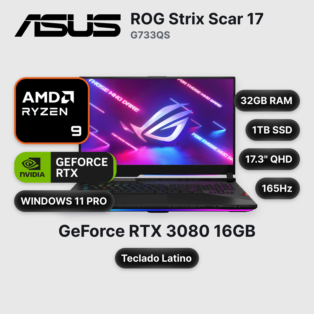 Laptop ASUS ROG Strix Scar 17 G733QS Ryzen 9-5900HX 32GB 1TB SSD + 1TB SSD RTX 3080 17.3" Open box (90NR0591-M03860)